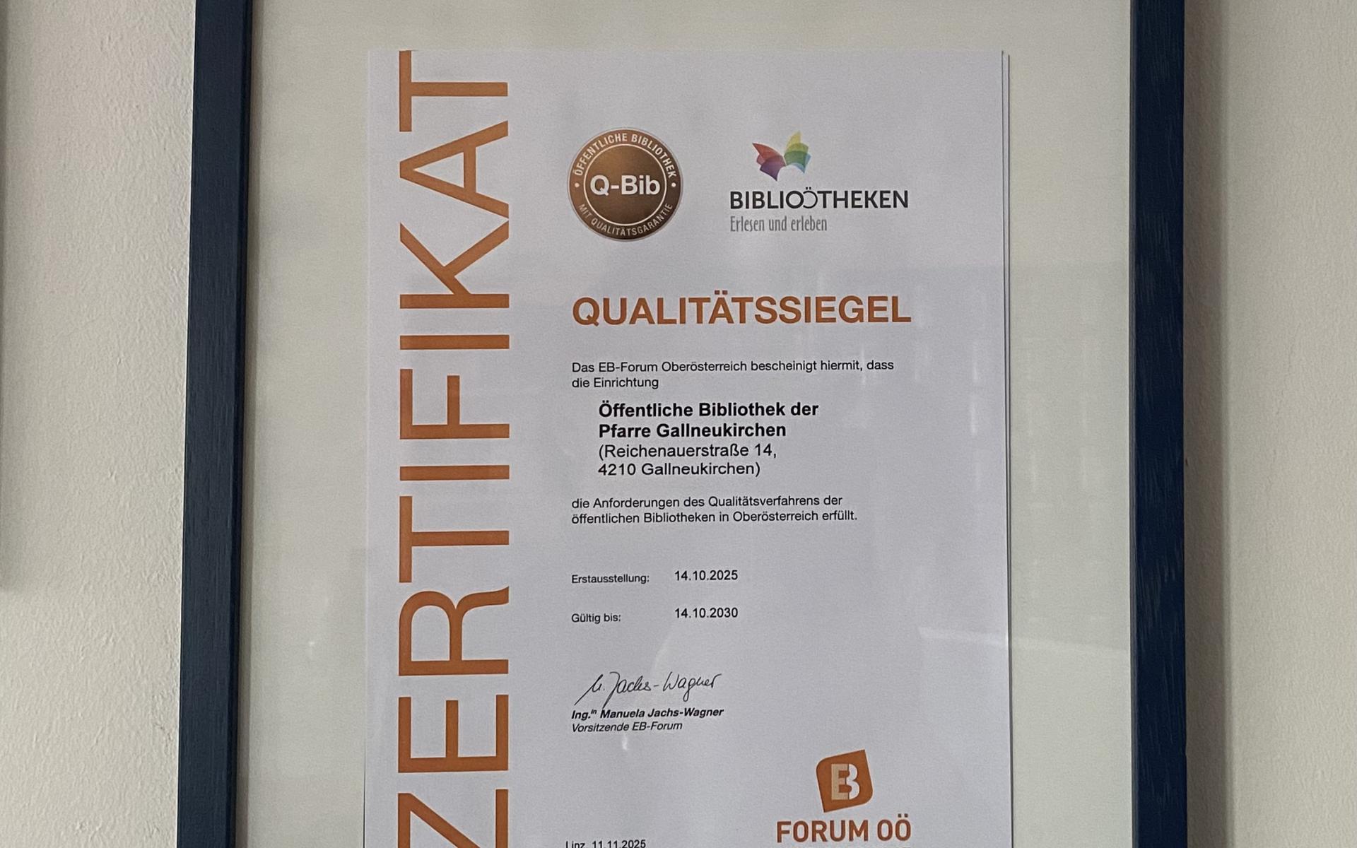 Foto vom Zertifikat Qualitätssiegel